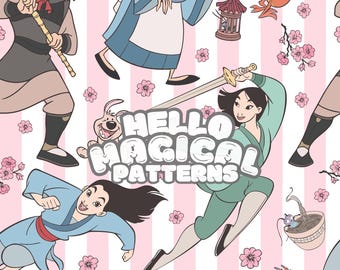 Cartoon Krieger Prinzessin Muster: Stoffdesign zum Ausdrucken (Digitaler Download)