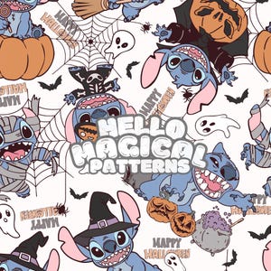May include: A seamless pattern featuring a blue alien character in various Halloween costumes, including a mummy, witch, and pumpkin. The design includes pumpkins, bats, spiders, and the text "Happy Halloween" and "Hello Magical Patterns".