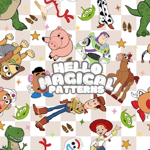 Magical Story Friends Seamless Pattern, Cartoon Toys Seamless Design, Repeating file, Fabric Sublimation