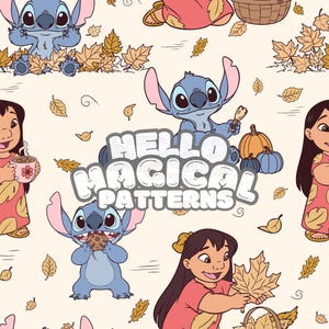 May include: A repeating pattern featuring the character Stitch, Lilo, autumn leaves, and pumpkins. The text "HELLO MAGICAL PATTERNS" is displayed in a bubble font. The background is a light beige color.