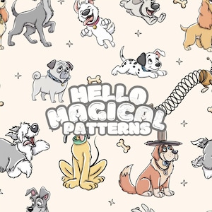 May include: A repeating pattern featuring various cartoon dog breeds in different poses, including a Dalmatian, pug, and a Saint Bernard. The phrase "HELLO MAGICAL PATTERNS" is displayed in a bubble font. The background is a light beige color.