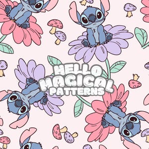 Op de afbeelding: Een naadloos patroon met een blauw cartoonfiguur met grote ogen en oren, zittend op roze en paarse bloemen met groene bladeren. De tekst "Hello Magical Patterns" is geschreven in een speels lettertype.