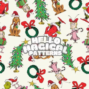 Op de afbeelding: Een naadloos patroon met verschillende kerstthema-illustraties, waaronder een Grinch, een hond, een meisje, een kerstboom en een krans. De tekst "HELLO MAGICAL PATTERNS" staat in het midden van het ontwerp.