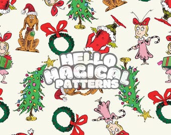 Christmas Magical Green Monster Seamless Pattern,Noel Cartoon Repeating file for Fabric Sublimation,Rgb and Cmyk files
