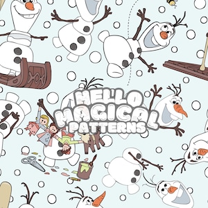 May include: A seamless pattern featuring Olaf, the snowman from the movie Frozen, in various poses. The pattern is on a light blue background with white polka dots. The text "Hello Magical Patterns" is included in the design.