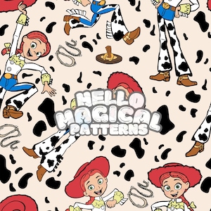 Cowgirl Seamless Pattern, Cartoon Cowgirl Story Seamless Pattern, Repeating file for All Printable Surfaces
