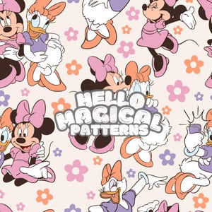 Magische Maus und Ente Musterdesign, Cartoon Friends Muster, digitales Muster für alle druckbaren Oberflächen, RGB- und CMYK-Dateien