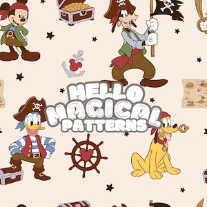Può includere: Un motivo ripetuto con personaggi di pirati dei cartoni animati come Topolino, Pippo, Paperino e Pluto. Il design include forzieri, ancore, un timone e una bandiera pirata, con il testo "HELLO MAGICAL PATTERNS".