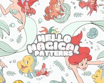 Mermaid Seamless Pattern, Cartoon Mermaid and Fish Seamless Pattern, Repeating file for all Printable Surfaces, RGB and CMYK files