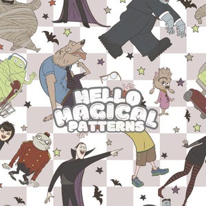 Magical Vampire and Friends Seamless Pattern, Cartoon Hotel Seamless Design, sich wiederholende Datei für alle druckbaren Oberflächen, RGB und CMYK