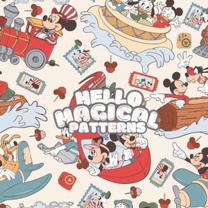 Magical Mouse and Friends at the Theme Park Seamless Pattern, Cartoon Theme Park Seamless Pattern, Repeating file for all Printable Surfaces