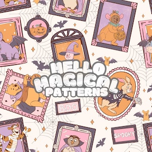 Halloween Bear and Friends Frames Seamless Pattern, Cartoon Bear and Friends Seamless Design for All Printable Surfaces, RGB and CMYK files