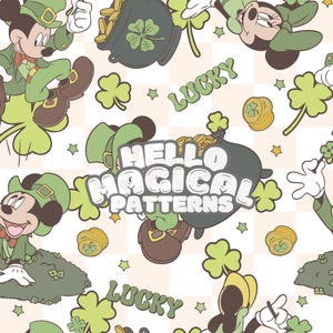 St Patricks Day Seamless Pattern, Magical Cartoon Mouse Lucky Charms Seamless Pattern, Repeating file for all Printable Surfaces