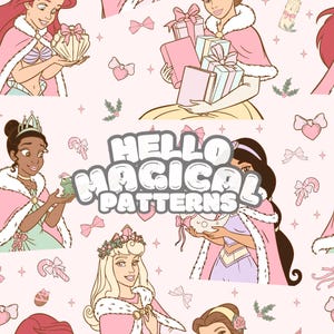 Può includere: Un motivo ripetuto con illustrazioni di cartoni animati di principesse Disney in mantelli rosa, che tengono regali e oggetti. La frase "HELLO MAGICAL PATTERNS" è al centro. Lo sfondo è rosa chiaro con fiocchi, cuori e stelle.