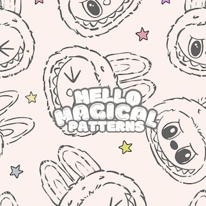 Magical Line Monsters Seamless Pattern, Doll Monsters Seamless Pattern for All Printable Surfaces