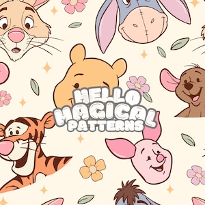 Naadloos bloemenpatroon Magical Bear and Friends, Cartoon Friends pastel naadloos ontwerp voor alle afdrukbare oppervlakken