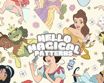 Magical Princesses Seamless Pattern, Cartoon Princess Seamless Design, Repeating file for all Printable Surfaces, RGB and CMYK files
