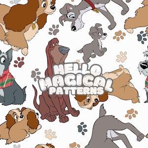 Könnte beinhalten: Ein nahtloses Muster mit Cartoon-Hunden aus dem Disney-Film Lady und der Tramp. Das Muster enthält Lady, Tramp und ihre Welpen in verschiedenen Posen. Der Hintergrund ist weiß mit braunen Pfotenabdrücken.