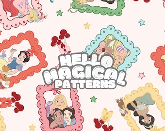 Princesses Memories Seamless Pattern, Cartoon Princesses Seamless Pattern for all Printable Surfaces, RGB and CMYK files