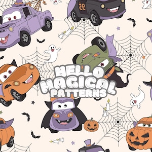 Op de afbeelding: Een herhalend patroon met cartoonauto's in Halloween-kostuums, waaronder een vampierauto, een pompoenauto en een heksenauto. Het ontwerp bevat spinnenwebben, vleermuizen, geesten en de tekst "HELLO MAGICAL PATTERNS" op een crèmekleurige achtergrond.