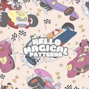 May include: A seamless pattern featuring cartoon characters driving race cars. The background is a light pink with stars and checkered flags. The text "Hello Magical Patterns" is in the center of the design.