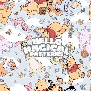 Magischer Bär und Freunde Musterdesign, Cartoon Musterdesign, Muster für alle bedruckbaren Oberflächen, RGB- und CMYK-Dateien
