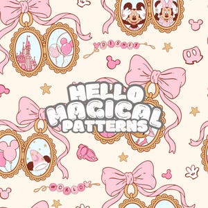 Op de afbeelding: Een herhalend patroon met roze strikken, ovale frames met Disney-personages en bezienswaardigheden, en de tekst "HELLO MAGICAL PATTERNS". Het ontwerp bevat Mickey en Minnie Mouse, ballonnen en sterren op een crèmekleurige achtergrond.
