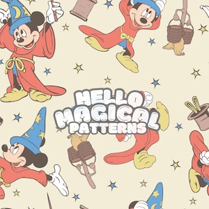 May include: A seamless pattern featuring Mickey Mouse dressed as a wizard with a blue hat and red robe. The pattern includes stars, broomsticks, and buckets. The text "HELLO MAGICAL PATTERNS" is in the center of the pattern.