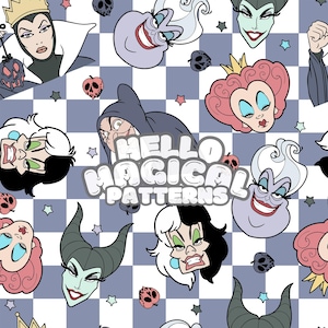 May include: A repeating pattern featuring cartoon illustrations of Disney villains such as the Evil Queen, Ursula, and Cruella de Vil. The design is set against a blue and white chequered background, with the text "HELLO MAGICAL PATTERNS".