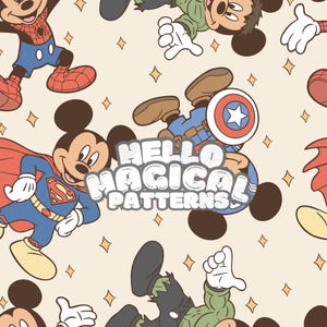 May include: A repeating pattern featuring Mickey Mouse dressed as various superheroes, including Superman, Captain America, and Spider-Man. The design includes the text "Hello Magical Patterns" and is set against a light beige background with scattered gold star shapes.