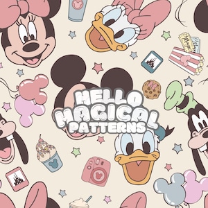 Patrón sin costuras de Magical World, patrón sin costuras de amigos de dibujos animados, archivo de sublimación para todas las superficies imprimibles, RGB y CMYK