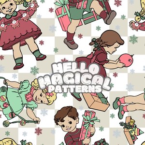 Christmas Vintage Kids Seamless Pattern, Repeating file for Christmas, RGB and CMYK
