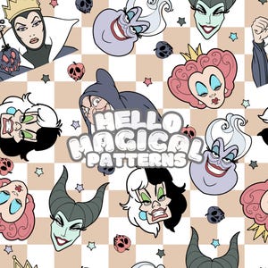 May include: A seamless pattern featuring various Disney villain characters, including Maleficent, Ursula, Cruella de Vil, and the Evil Queen. The pattern is set against a chequered background with stars and skulls.