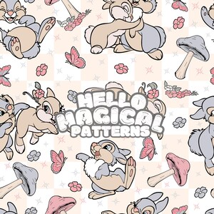 May include: A seamless pattern featuring a cartoon bunny rabbit in various poses. The background is a light pink and white checkered pattern with pink flowers, butterflies, and mushrooms.