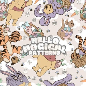 Patrón sin costuras de oso de Pascua y sus amigos, patrón sin costuras de dibujos animados de Pascua, archivo repetido para todas las superficies imprimibles, archivos RGB y CMYK