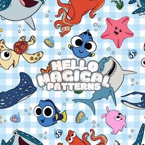 Patrón sin costuras de peces y amigos retro mágicos, diseño sin costuras de peces de dibujos animados, patrón repetido, archivos RGB y CMYK