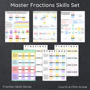 May include: A set of colorful printable worksheets for learning fractions. The worksheets cover adding and subtracting fractions with different denominators, mixed numbers and improper fractions, and simplifying fractions. The worksheets are designed for fourth and fifth grade students.