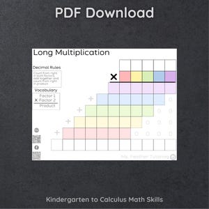 May include: A PDF download titled "Long Multiplication" with a colorful grid for math problems. The image includes vocabulary terms like "Factor 1," "Factor 2," and "Product," along with decimal rules. The text "Kindergarten to Calculus Math Skills" is at the bottom.