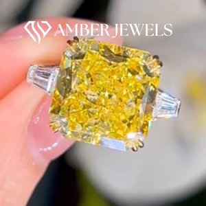 Yellow Cushion Cut With Tapered Baguette Three Stone Engagement Ring, Handmade Yellow Cushion Cut Wedding Ring, 3 Stone anniversary Ring.
