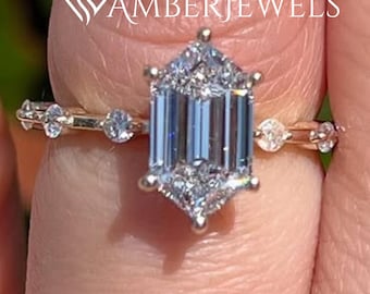 Solid 14k Yellow Gold Hexagon Moissanite Wedding Ring With Round Cut Distance Pave, 3.00 CT Hexagon Cut Engagement Pave Set Ring For Women.