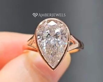 Anello di fidanzamento con moissanite taglio a pera da 3,00 CT, fede nuziale in oro rosa massiccio 14k, anello di anniversario solitario a forma di goccia con gambo diviso.
