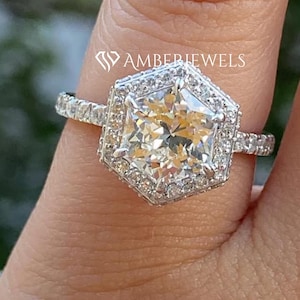 Solid Gold Halo Hexagon Moissanite Wedding Ring, Hexagon Diamond Solitaire Engagement Ring With Half Eternity Band, Dainty Promise Ring.