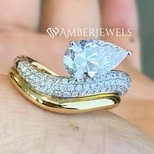 East West 2.00 CT Pear Cut Moissanite Engagement With Half Eternity Band, 14K Yellow Gold Tear Drop Solitaire Rings Wave Shank Bridal Ring