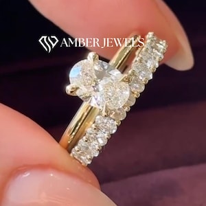 Oval Cut Moissanite Engagement Ring With Oval Moissanite Full Eternity Band Bridal Ring Set, 14k Yellow Gold 2.00 CT Oval Cut Ring For Her.