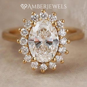14K Gold Sunburst Oval Cut Moissanite Halo Engagement Ring, Solid Gold Starburst Halo Oval Cut Moissanite Wedding Ring, Floral Proposal Ring