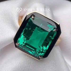 Emerald Cut Lab Created Emerald Solitaire Ring, Yellow Gold Minimalist Ring, Green Emerald Cut Gem Stone Wedding Ring-Classic Solitaire Ring