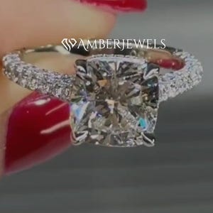 14k Solid White Gold Cushion Cut Hidden Halo Moissanite Wedding Ring With Half Eternity Band, 3.00CT Cushion Cut Moissanite Engagement Ring.