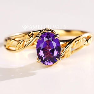 Curve Design Natural Amethyst Leaf Style Oval Engagement Ring, 2.00CT Oval Cut Amethyst Wedding Ring, Solid Gold Antique Design Ring For Her