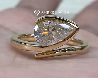 Solitaire Half Bezel Set Pear Moissanite Engagement Ring, East West Teardrop Curved Style Wedding Ring, Horizontal Pear Anniversary Ring.