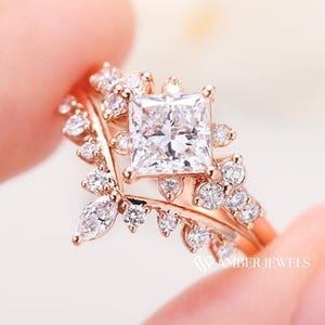 14k Solid Rose Gold Princess Cut Moissanite Cluster Engagement Ring With Matching Rose Gold Band, Unique Princess Cut Wedding Ring Set.
